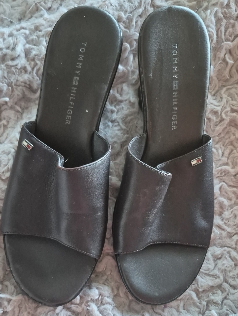 Tommy Hilfiger Women's Chocolate Brown Faux Leather Sandals with Flag Accent